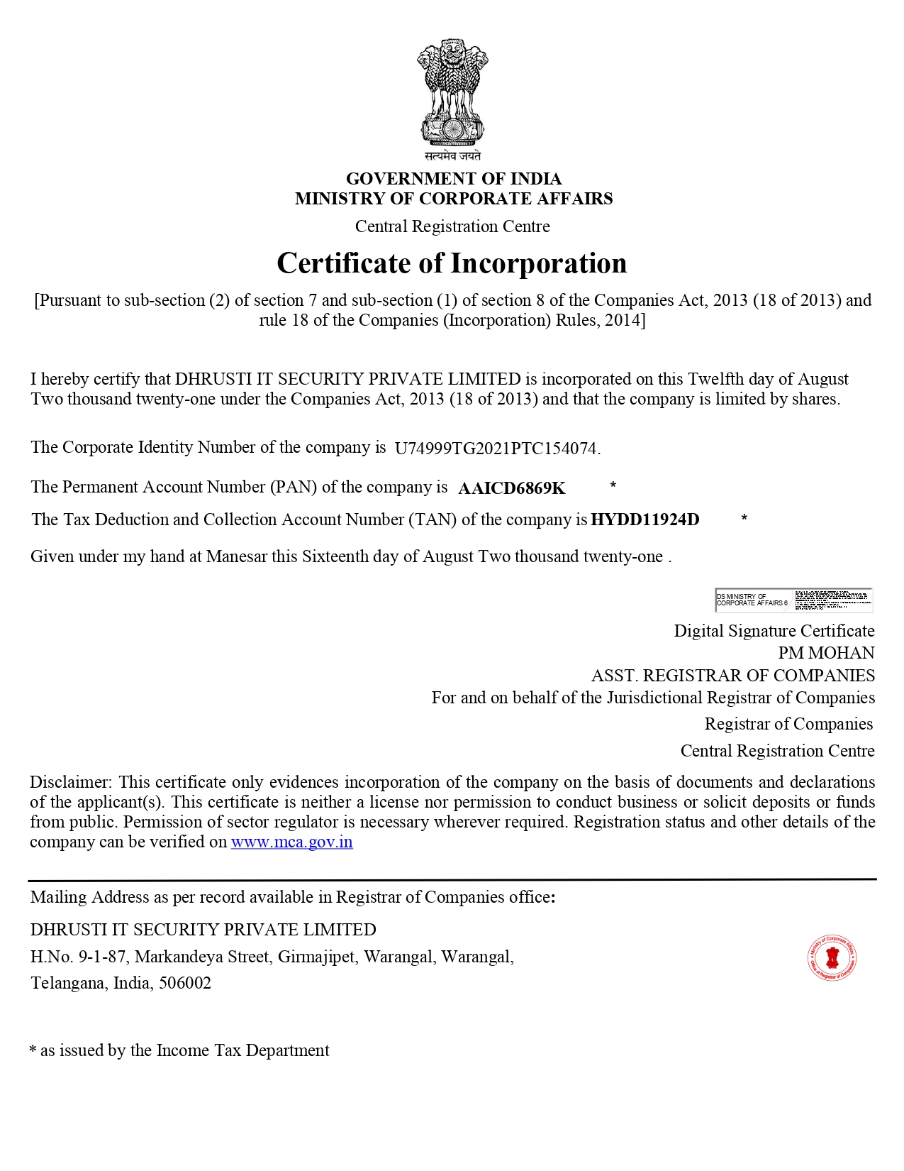 Dhrusti Certificate of incorporation